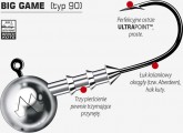 Główki Mustad BIG GAME (typ 90) Seria Big Game skonstruowana została w oparciu o specjalnie dla niej zaprojektowane, ekstremalnie mocne haki typu 3X STRONG, wykonane z drutu HeavyDUTY™, ostrzone w technologii ULTRAPOINT™ i pokrywane policeramiczną powłoką BK1 BenchKote. Każdy hak dla dodatkowego zwiększenia wytrzymałości został silnie spłaszczony bocznie na całym odcinku łuku kolankowego (tzw. forged hook – hak kuty). System talerzowego mocowania przynęty został przygotowany specjalnie dla serii Big Game i wzmocniony tak, aby w czasie rzutu niezawodnie blokował na haku nawet największych rozmiarów przynęty gumowe. Główki jigowe serii Big Game przeznaczone są do połowu największych ryb drapieżnych: sumów, szczupaków i sandaczy, a także do łowienia wielu gatunków ryb morskich. Ze względu na swoją konstrukcję są praktycznie nieodkształcalne, a przy tym równie ostre i chwytne jak modele wykonane z cieńszego drutu. Nadają się do zbrojenia wszystkich rodzajów miękkich przynęt spinningowych w rozmiarach od 7 do 25 centymetrów.