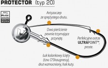 PROTECTOR (typ 20) Specjalistyczna seria antyzaczepowych główek jigowych PROTECTOR wykonana w oparciu o identyczne założenia, co seria główek Speed. Do ich budowy użyto tego samego, wzmacnianego modelu haka Speed UltraPoint™, o ściętym łuku kolankowym typu O’Shaugnessy i długim, prostym ostrzu, w całości dodatkowo pokrywanego nowo opracowaną powłoką policeramiczną Mustad BK1 BenchKote. Każdy taki hak jest dla zwiększenia wytrzymałości silnie spłaszczony bocznie na całym odcinku łuku kolankowego (tzw. forged hook – hak kuty).