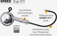 Główka jigowa SPEED (V-Point) została stworzona do zacinania twardopyskich ryb, w tym sandaczy. Dopracowany system talerzowy podtrzymywania gumy oraz niezwykle skuteczny w zacinaniu grot haka wspaniale sprawdza się na europejskich łowiskach sandaczy. Tajemnica skuteczności tych główek tkwi w specjalnej konstrukcji i wykonaniu grotu, haka i całej główki.