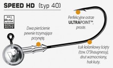 SPEED HD (typ 40) Główki jigowe z serii SPEED HD przeznaczone są do połowu największych ryb drapieżnych, takich jak sumy, szczupaki czy sandacze. Najcięższe modele o masie powyżej 100g powstały specjalnie z myślą o połowie ryb w morzach, zarówno dorszy w Bałtyku, jak i innych gatunków, żyjących np. w Morzu Norweskim.