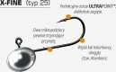 X-FINE (typ 25) Wyrafinowany i delikatny, ale przy tym bardzo sprężysty i mocny drut wyposażony w dwa mikroskopijne zadziory, umieszczone po przeciwnych stronach trzonka haczyka. Kropelkowe, lekko spłaszczone ołowiane dociążenie i specyficzna pozycja oczka zaczepowego umożliwiają bardzo skuteczne łowienie okoni na przynęty miękkie.