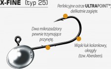 X-FINE (typ 25) Wyrafinowany i delikatny, ale przy tym bardzo sprężysty i mocny drut; dwa mikroskopijne zadziory, umieszczone po przeciwnych stronach trzonka haczyka i kropelkowe, lekko spłaszczone ołowiane dociążenie, nieco bardziej zaokrąglony łuk kolankowy i bardzo istotne zwężenie całego haka, delikatnie podgięta do środka końcówka ostrza haczyka.  X-FINE to absolutny hit do zbrojenia paproszków.  Nadaje się do łowienia pstrągów potokowych, kleni, jazi, jelcy, okoni, lipieni.