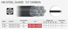 Przypon HM STEEL GUARD 7x7 CARBON 49-włóknowa plecionka stalowa w kolorze srebrnym, w czarnej otulinie z miękkiego kompozytu węglowego, zwiększającej odporność na ścieranie i skręcanie. Superprecyzyjnie spleciona, miękka i bardzo gładka na powierzchni. Wyjątkowo cienka w stosunku do swojej wytrzymałości.  