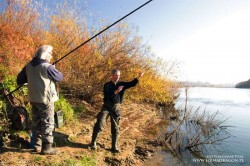 Koledzy Staszek i Marian ustalają grunt w swoim zestawie przy mojej bolonce. Przy tak długim wędzisku i na stanowisku w zaroślach pomoc kolegi przyspiesza ustawienie gruntu.