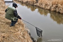 Wysoki brzeg wymusza stosowanie podbieraka z długą rączką, co jak widać na fotografii, jest najlepszym rozwiązaniem nawet dla spinningisty. Pod trawą jeżą się szpiczaste kołki umocnień, więc upadek na „płotek”, w chwili podbierania ryby krótkim podbierakiem pstrągowym, może być groźny dla ciała.